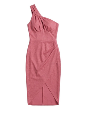 ASOS Curve Metallic Pink One Shoulder Bodycon Dress Ruched Slit Size 14